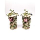 A pair of mid 19th century Bloor Derby floral encrusted hand painted porcelain Potpourri lidded