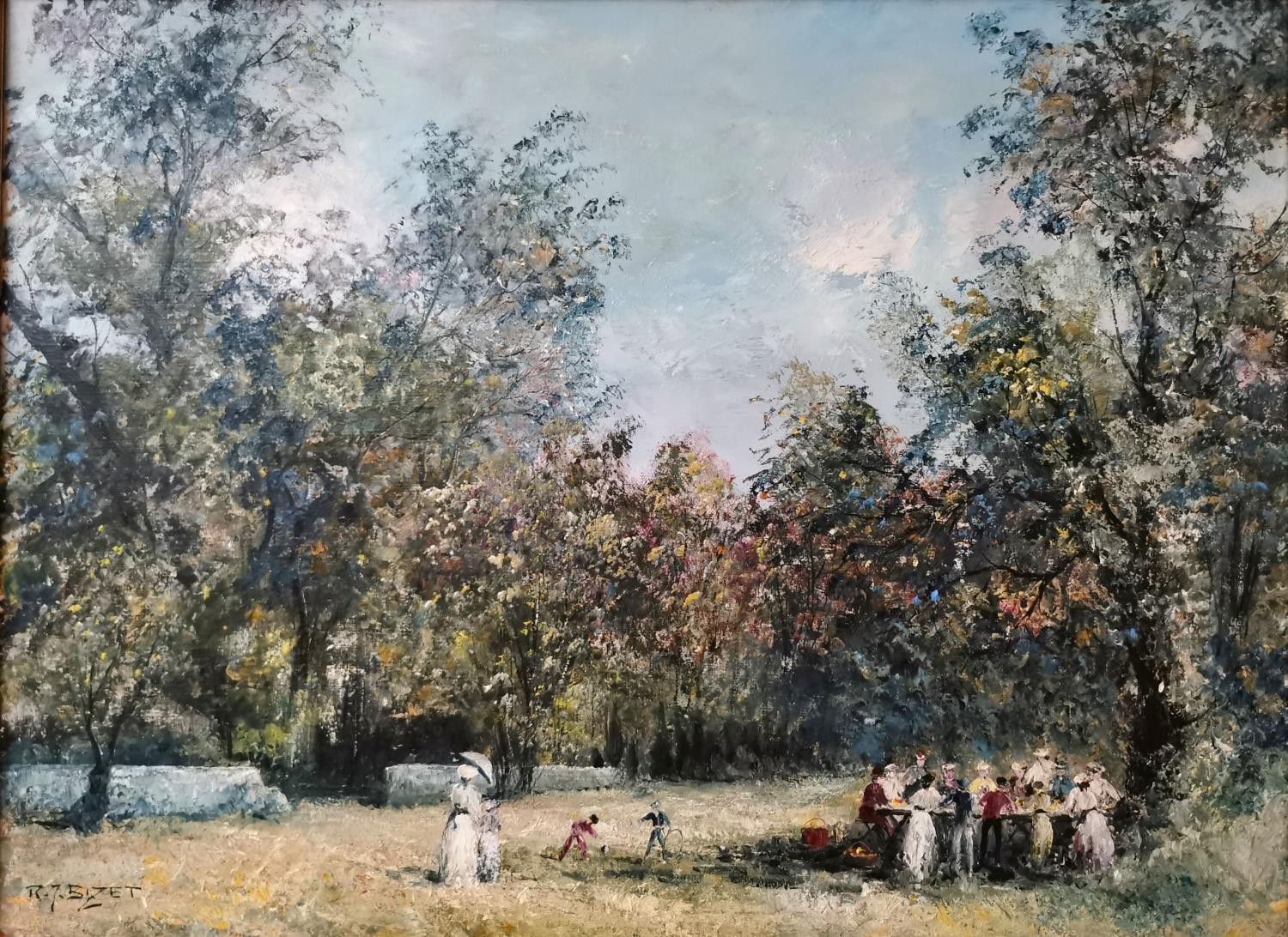 R. J. Bizet, French (1922 - 2015), oil on canvas of an outside picnic in the grounds of a country