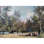 R. J. Bizet, French (1922 - 2015), oil on canvas of an outside picnic in the grounds of a country