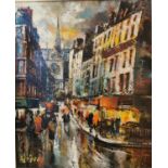 A framed 20th century oil on canvas of a Parisian street scene, indistinctly signed. H.61 W.53cm