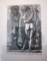 Richard Shirley Smith, British (1935-), classical etching of a nude female drying herself about