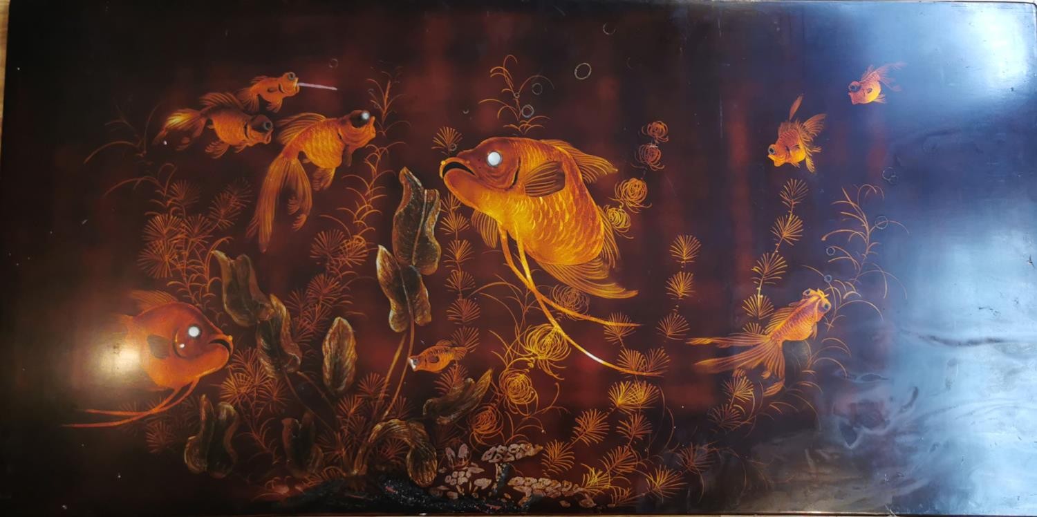 A 20th century Chinese lacquered wooden panel depicting carp and fantail gold fish among water - Image 3 of 6