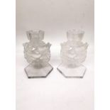 A pair of Lalique molded and frosted glass "Mesanges" candle holders, modeled as pairs of birds