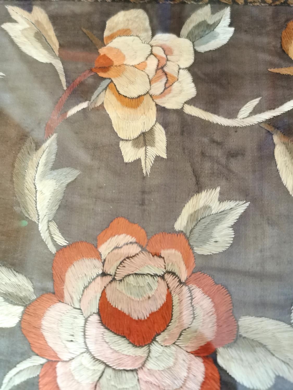 A framed and glazed early 20th century Chinese silk embroidery of flowers, with a silk brocade - Image 5 of 9