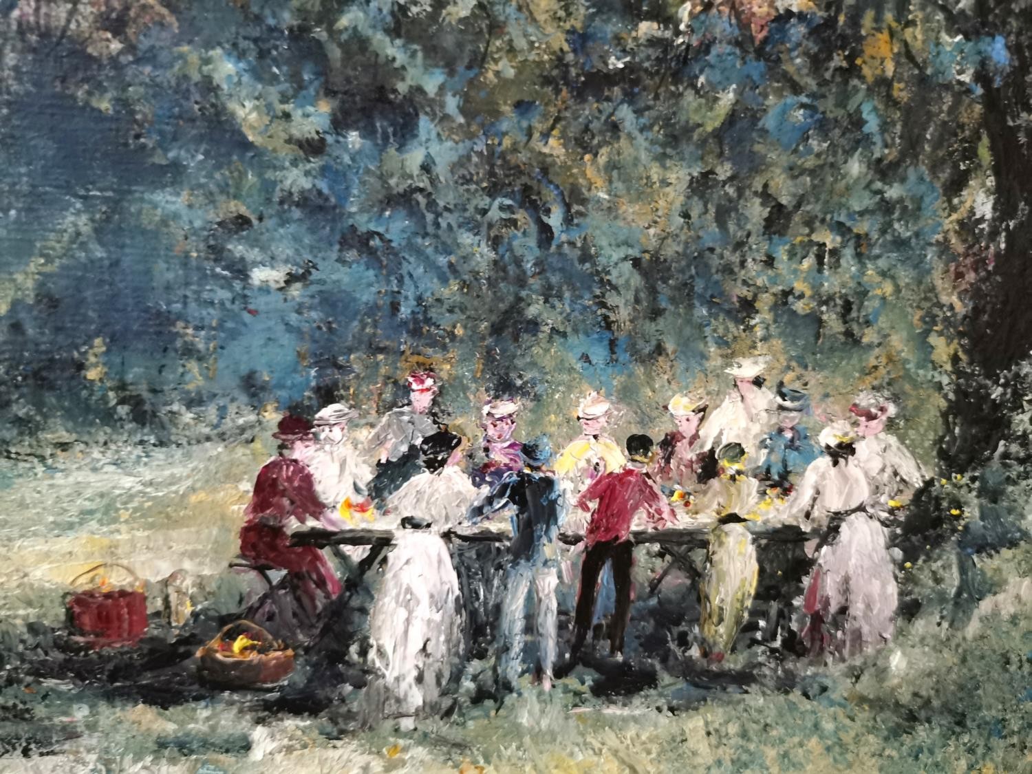 R. J. Bizet, French (1922 - 2015), oil on canvas of an outside picnic in the grounds of a country - Bild 5 aus 9