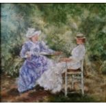 An impressionist oil on board painting of ladies in conversation, unsigned. Framed H.37 L.38cm