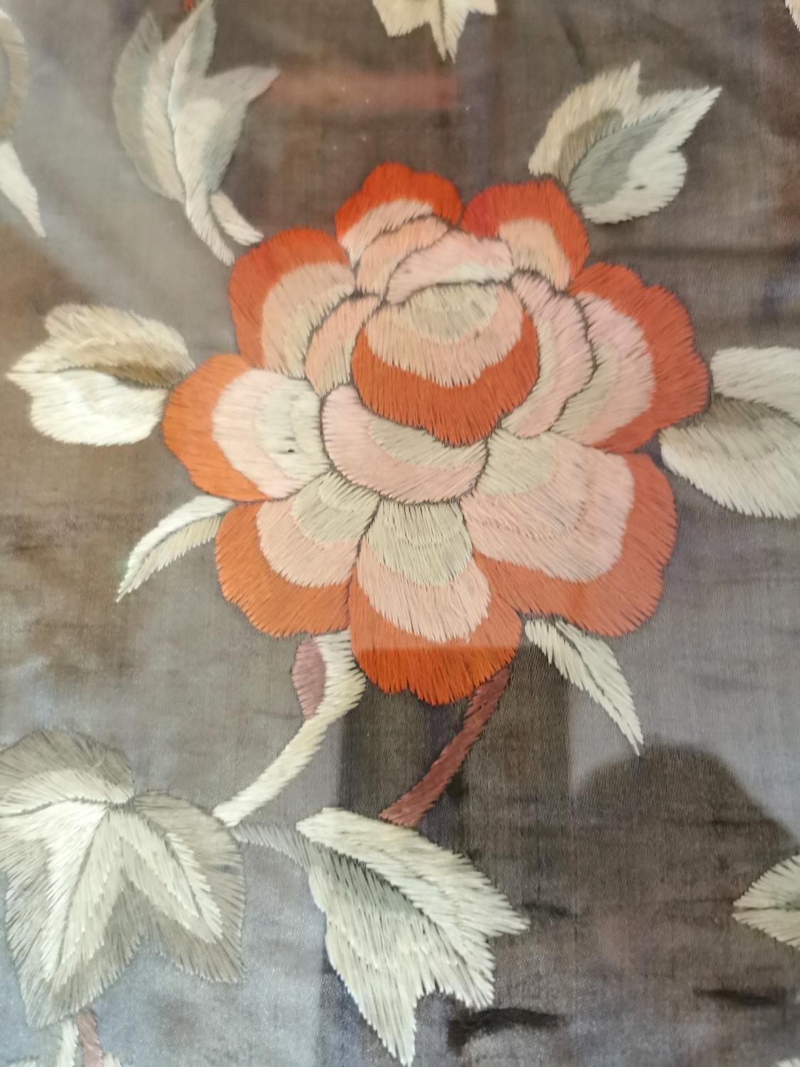 A framed and glazed early 20th century Chinese silk embroidery of flowers, with a silk brocade - Image 3 of 9