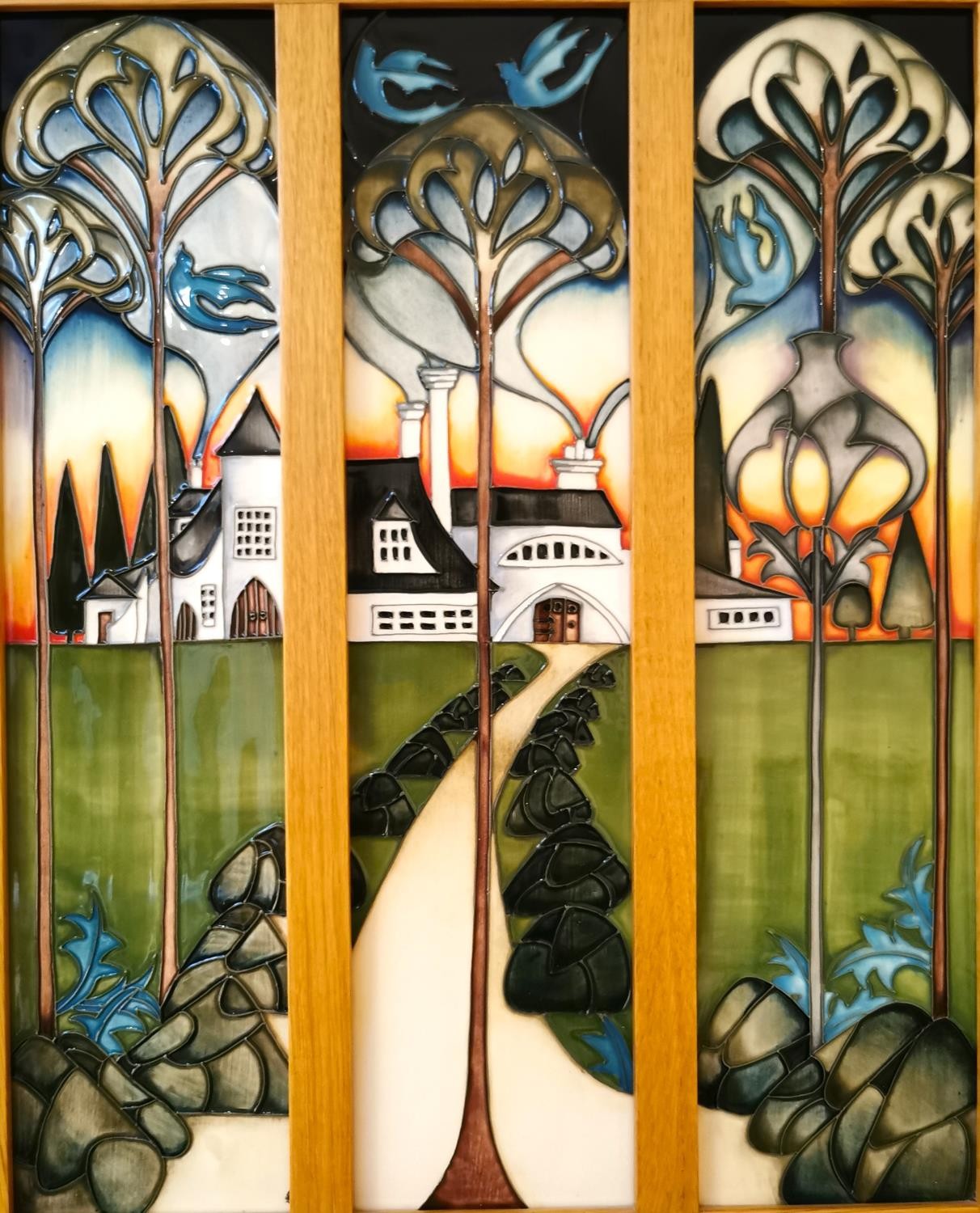 Kerry Goodwin for Moorcroft, Eventide House, The Gate, limited edition boxed pottery triptych,