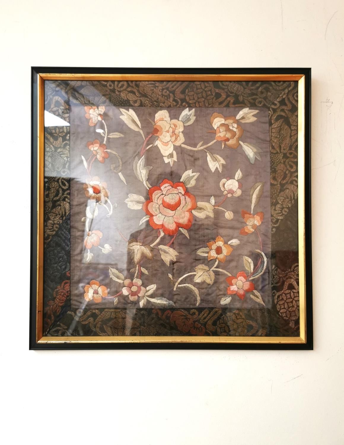 A framed and glazed early 20th century Chinese silk embroidery of flowers, with a silk brocade - Image 2 of 9
