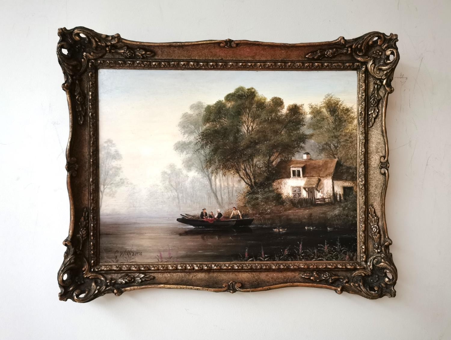 G. Williams, 20th century oil on board of an English thatch cottage next to the river with figures - Image 2 of 5