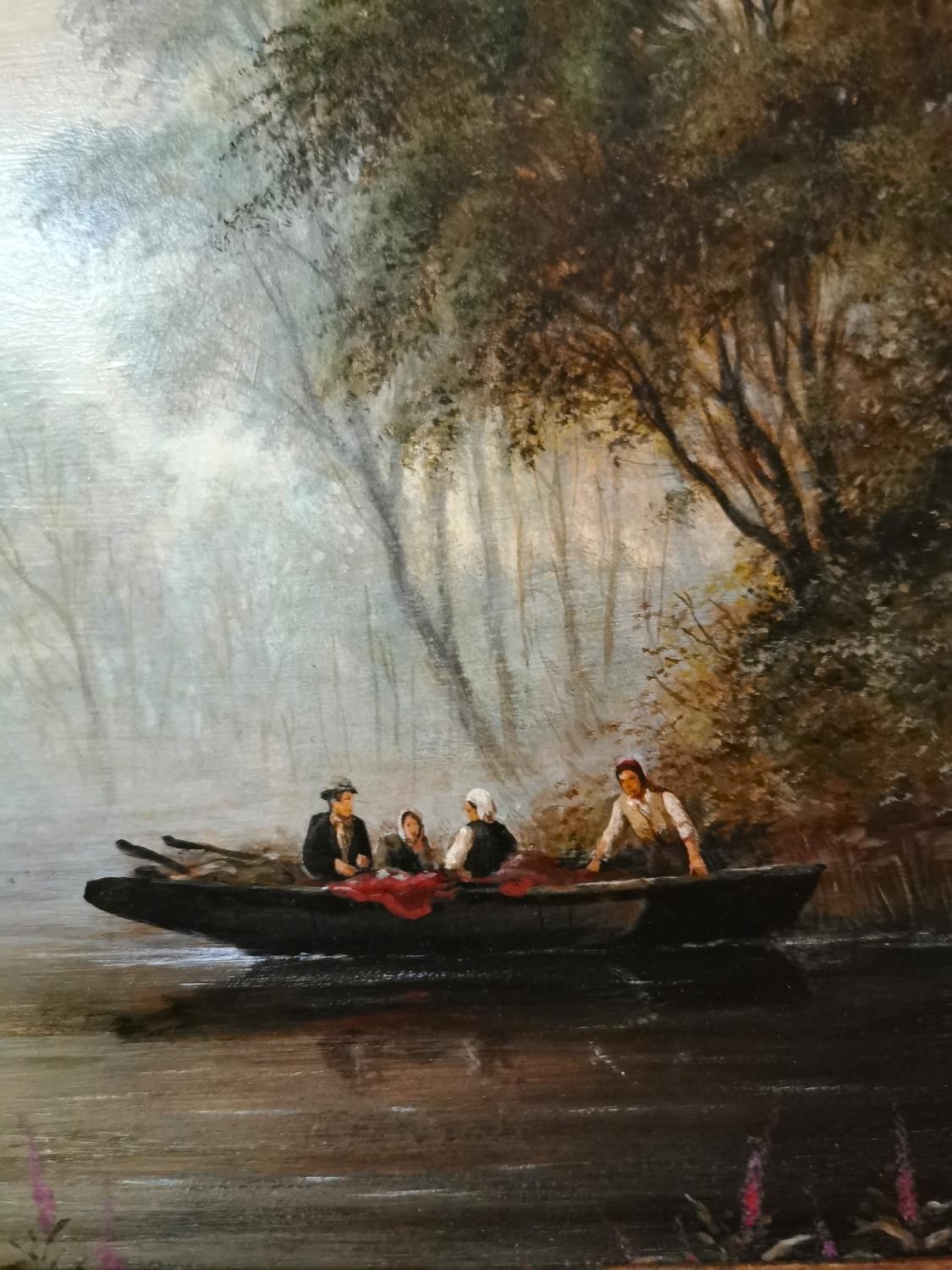 G. Williams, 20th century oil on board of an English thatch cottage next to the river with figures - Image 5 of 5