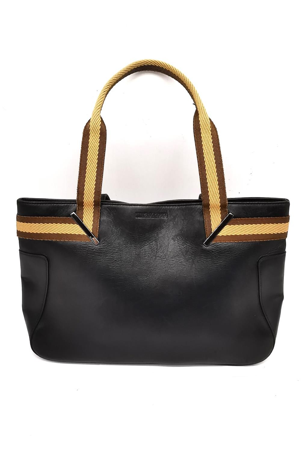 A Gucci Black web leather tote handbag with brown and beige strap. Magnetic snap closure and