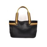 A Gucci Black web leather tote handbag with brown and beige strap. Magnetic snap closure and