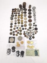 A large collection of British coins, world coins and tokens to include old pennies and half pennies,