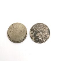 Mauritius, Post 1815, base silver two 50-Sous coins, sugar cane, French legend around, rev