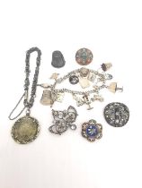 A collection of jewellery, including two Venetian micro mosaic brooches one with a dove motif, a 800