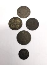 A collection of five coins to include Canton Aarcau 1826, 1 sol coin, a Swiss 5 Rappen, Bern and and
