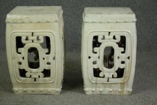 † A pair of Chinese white glazed garden stools. H.50 W.30 D.30cm. (each).