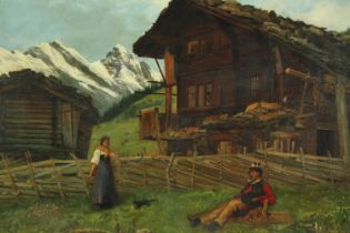 After Herbert Schmaltz, a 19th century oil on canvas view of Berner Oberland Mürren (damage as