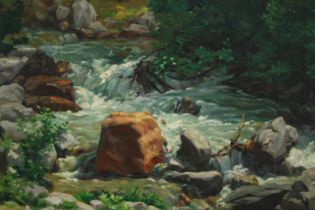 A 19th century oil on board, river with rapids, signed with initial OH. H.50 W.64cm.