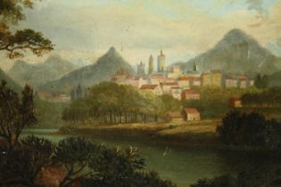 A 19th century oil on board Continental school, town on a river bend. H.41 W.46cm.