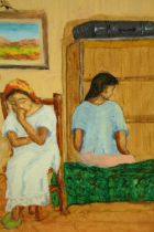 A 20th century oil on board, portrait of two women in the manner of Gauguin. H.38 W.33cm.