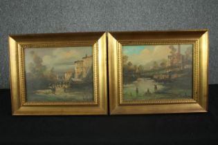 A pair of 19th century Continental School oils on board, a river scene and a townscape, each