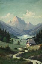 A 19th century oil on board Continental School, alpine landscape vista of a meandering path with a