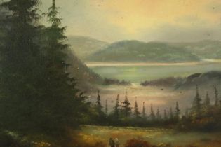 A 19th century oil on canvas, atmospheric forest landscape with figures and a lake, indistinctly