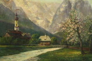 A 19th century oil on canvas, alpine landscape with church, indistinctly signed (some damage as