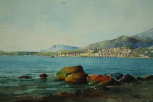 A 19th century watercolour Italian school, a Mediterranean coastal view of a town, signed B.