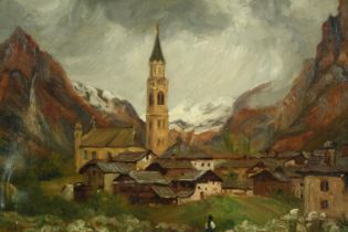 A 19th century oil on canvas, an alpine townscape with church. H.41 W.51cm.