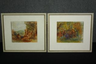 A pair of 19th century Continental School watercolours, figures in woodland settings, framed (only