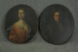 A pair of 18th century oil on canvas English school oval portraits of a lady and gentleman (re-lined