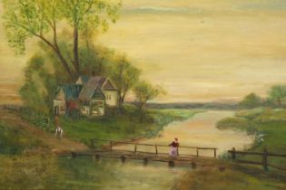 A 19th century Primitive School oil on canvas, figures in a countryside river landscape. H.49 W.