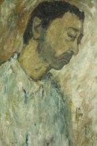 An early 20th century oil on canvas, portrait of a man in contemplation, indistinctly signed. H.57
