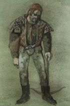 A pencil and watercolour costume design of a medieval crossbowman, entitled '1st Kings Soldier',