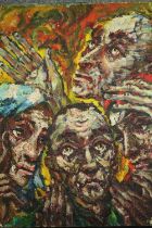 A 20th century oil of canvas portrait of men praying, in the manner of John Bratby, indistinctly