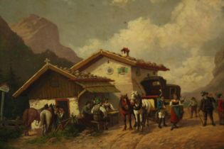 Max Kuglmayr (1863-1930) oil on board, an alpine coaching inn, signed and dated 1923. H.27 W.37cm.