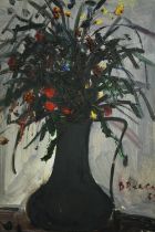 A mid 20th century oil on canvas, a nearly silhouetted still life of flowers, indistinctly signed