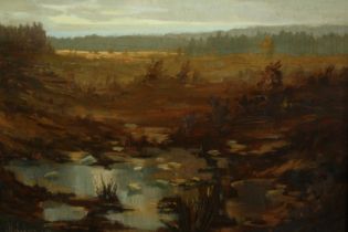A 19th century oil on board, marshy landscape, indistinctly signed. H.38 W.46cm.
