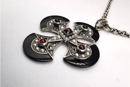 A silver Celtic cross pendant and chain set with garnet, marcasite and pearl along with a cubic - Image 3 of 8