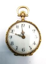 A 19th century 18ct French tri-coloured gold rose design ladies automatic fob watch, white enamel