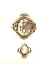 Two Victorian rolled gold cameo brooches, one swivel mourning brooch with a carved shell cameo