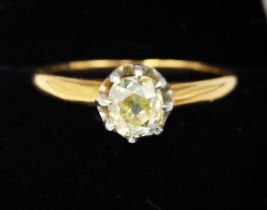 An antique yellow metal (tests as 18ct) old mine diamond ring, set with a cushion shape old mine