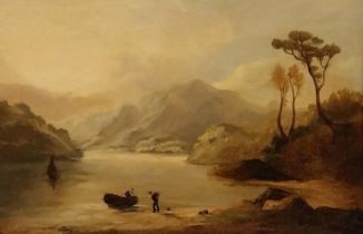 A 19th century oil on canvas continental school, lake with fisherman in a mountainous landscape. H.