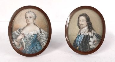 After Van Dyck, two framed and glazed 19th century portrait miniatures on ivory, one of King Charles