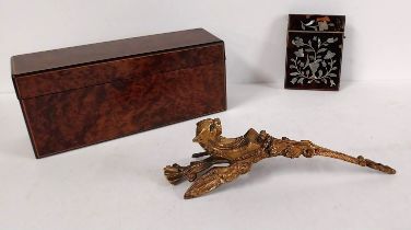 A burr walnut veneered cigarette box, along with a gilt metal trim with mythical animal and a 19th