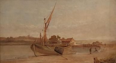 A 19th century, Dutch School oil on canvas, rural scene with a sailing boat and figures beside a