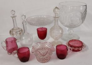 A group of various glass and cranberry glass wares, including a cut glass punch bowl, a tazza,